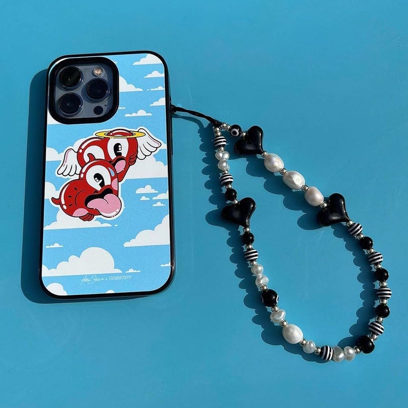 WCCH Beaded Phone Charm Y2K Kawaii Handmade Acrylic Phone Lanyard Wrist Strap for Camera Bag Airpods Keychain Charm Black Heart with White Pearls - Image 3